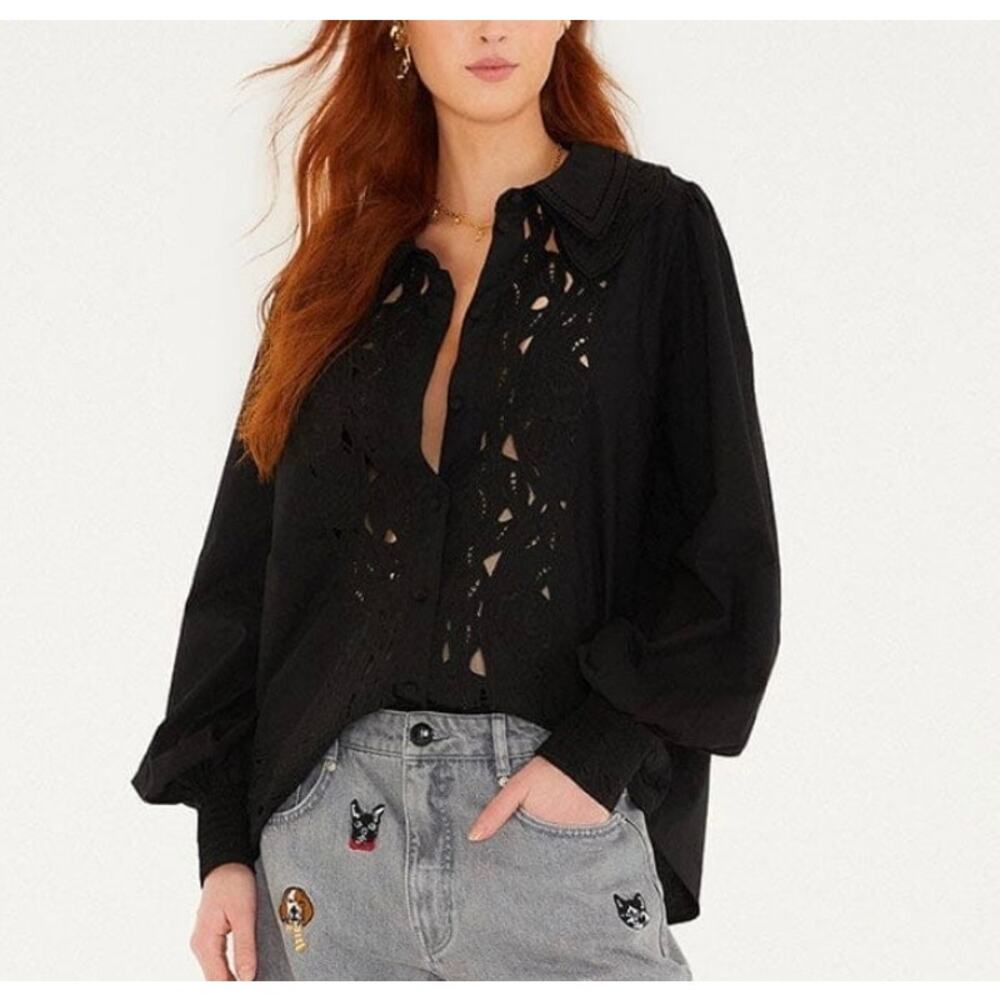 *NWT FARM Rio Embroidered Eyelet Puff Sleeve Button-Up Shirt Black Size L Cotton - Picture 2 of 12